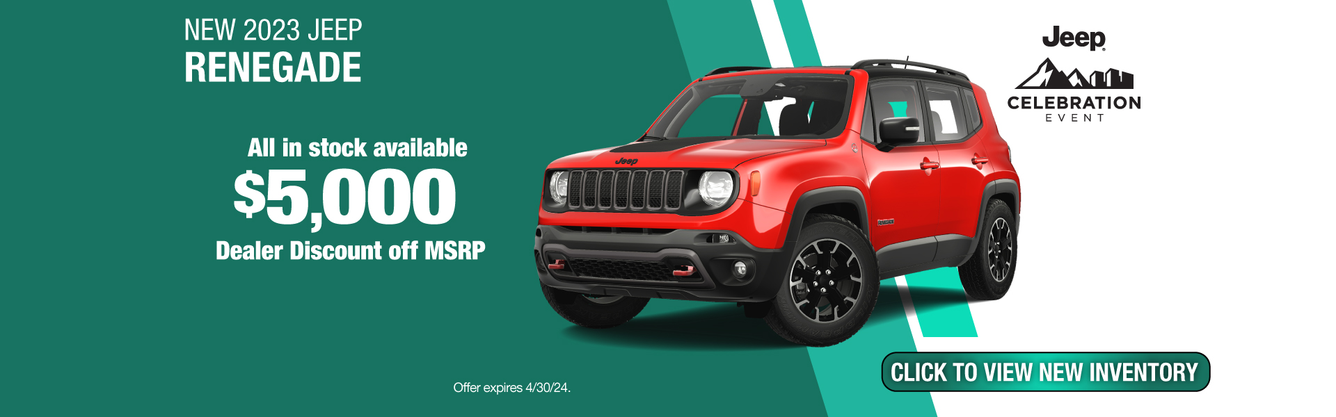 Get $5,000 Dealer Discount on a New 2023 Jeep Renegade! Expires 4/30/24.