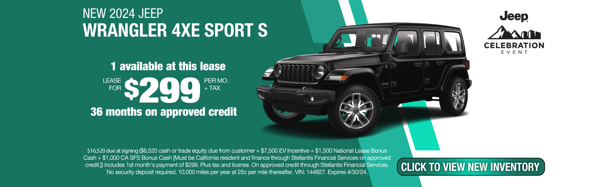 Lease a New 2024 Jeep Wrangler 4xe Sport S for $299 per month plus tax. Expires 4/30/24.