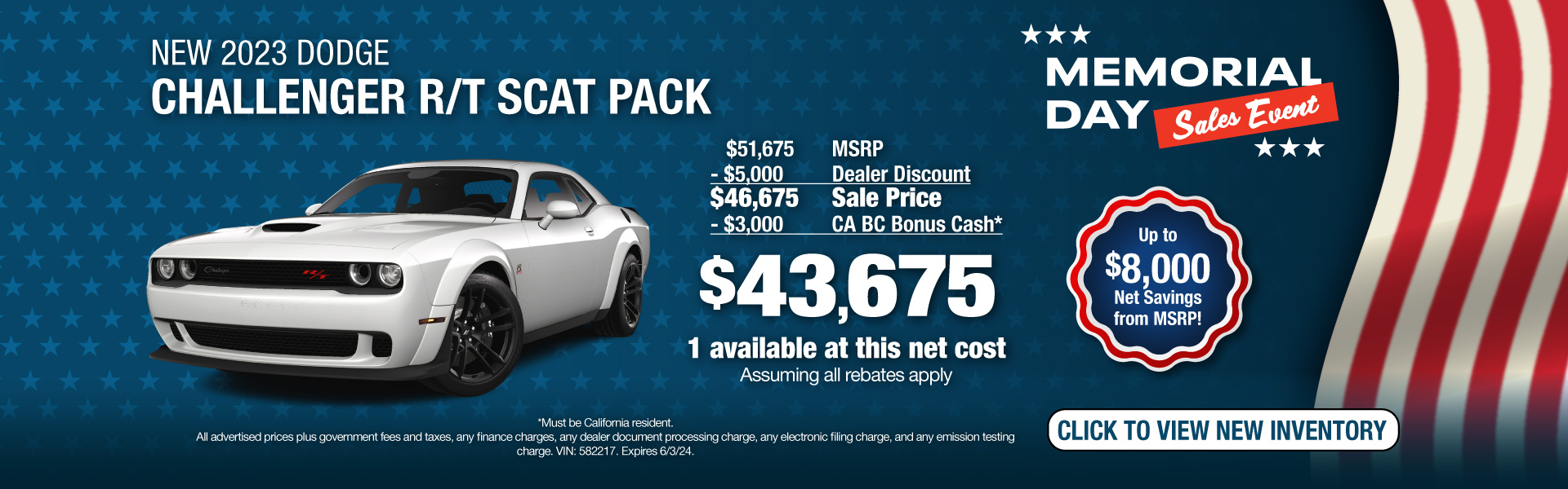 Get a New 2023 Dodge Challenger R/T Scat Pack for $43,675 Net Cost. Expires 6/3/24.
