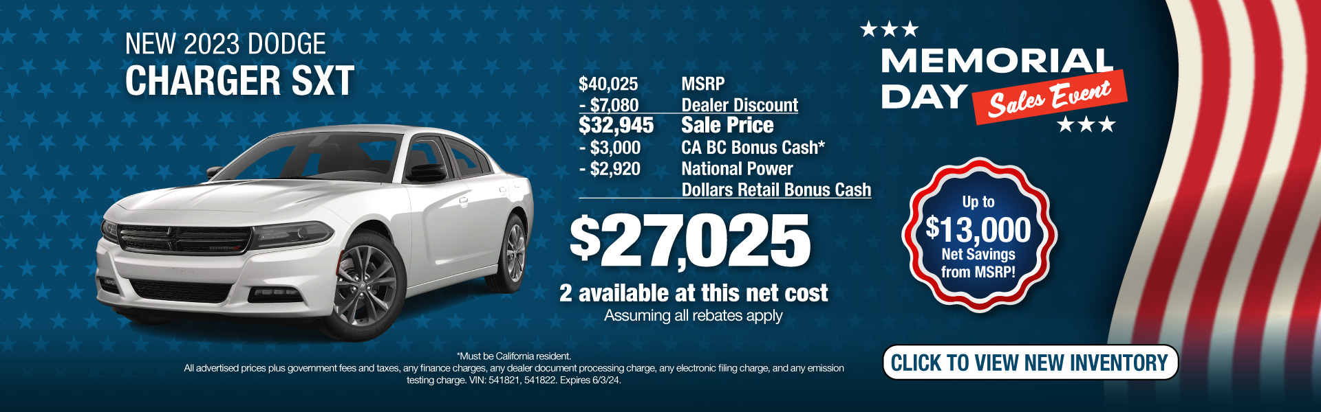Get a New 2023 Dodge Charger SXT for $27,025 Net Cost. Expires 6/3/24.