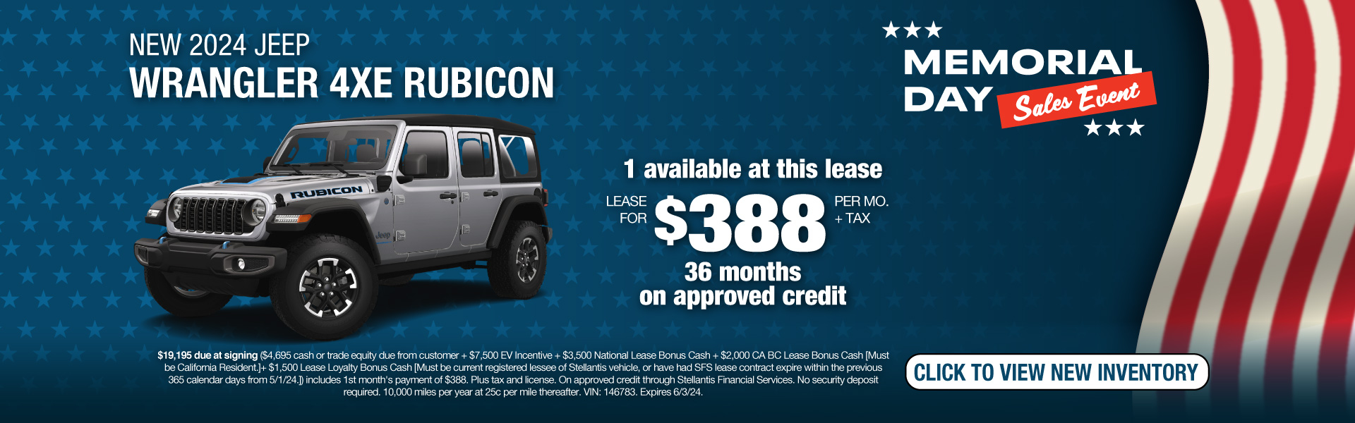 Lease a New 2024 Jeep Wrangler 4xe Sport S for $388 per month plus tax. Expires 6/3/24.
